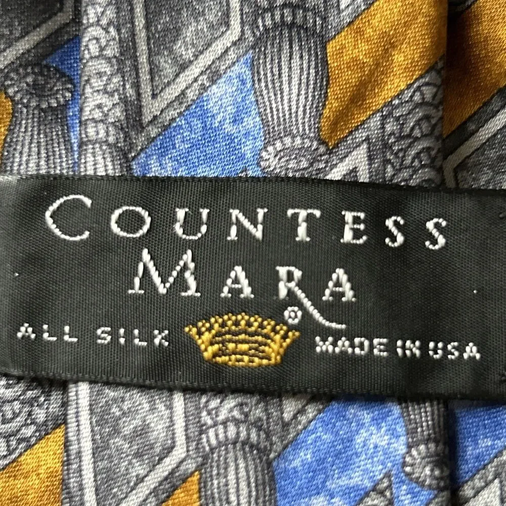 Countess Mara Tie Blue/Grey/Mustard Geometric Silk Necktie w Hang Tag 60 x 3.75